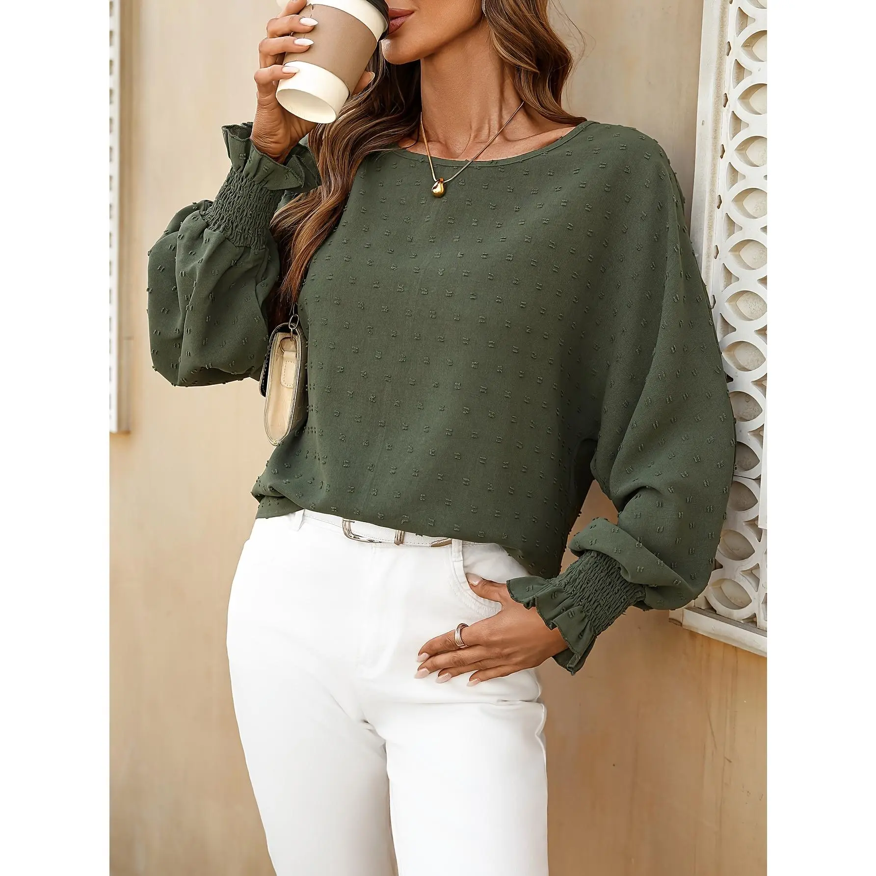 Swiss Dot Crew Neck Blouse, Elegant Long Sleeve Blouse For Spring & Summer, Women's Clothing