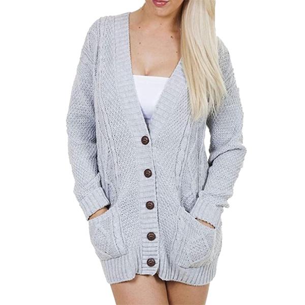 Womens Long Sleeve Chunky Cable Knitted Grandad Cardigan Girls Button Up Pocket Cardigan 5