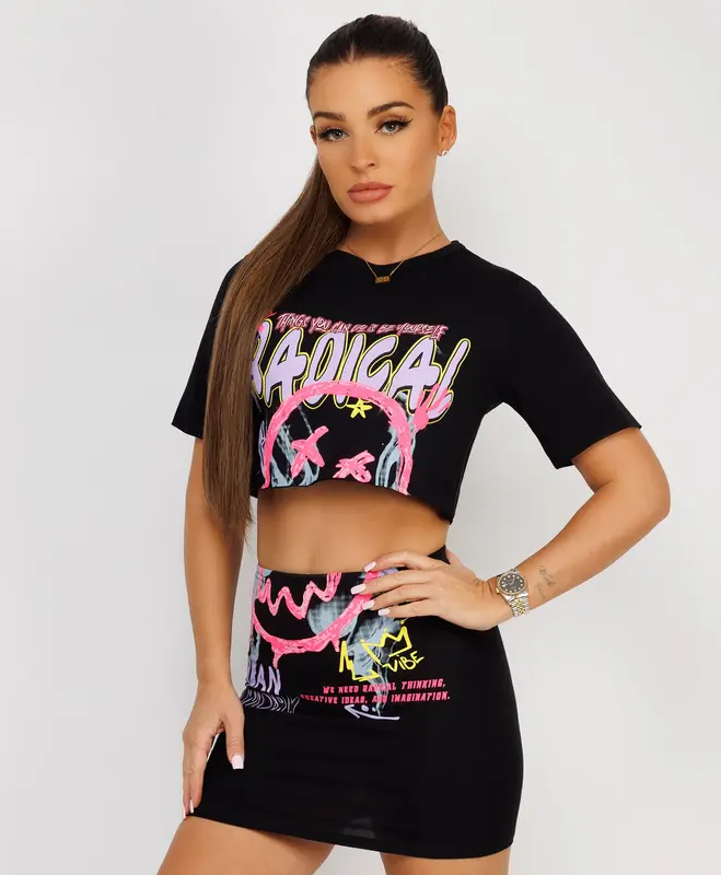Lexi Fashion Womens Neon Pink Radical Print Graphic Crop Top And Mini Bodycon Skirt Festival Rave Outfit 2 Pcs Co Ord Set UK Size Short Womenswear Comfortable 4