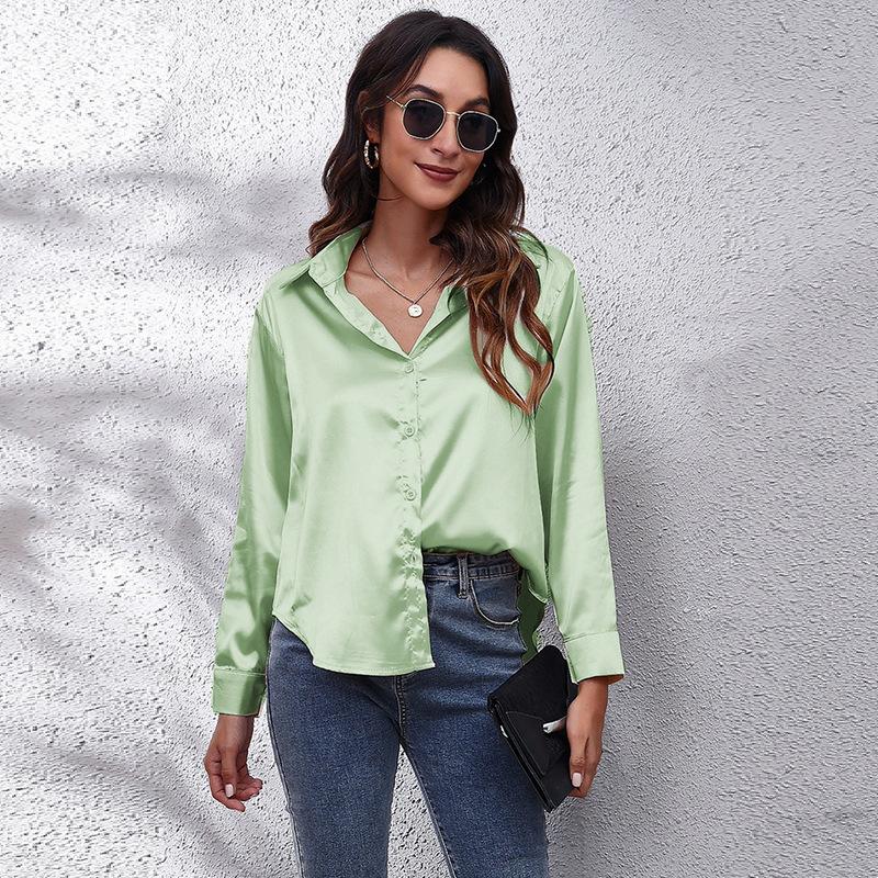 Product Introduction of Women's Satin Satin Imitation Silk Long Sleeved Shirt Elegant V-neck Retro Style Multicolor Shirt Top-Looki Ngi 23
