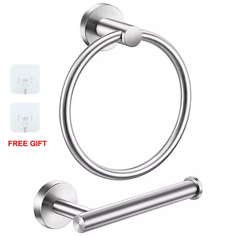 Stainless Steel Toilet Roll Holder and Towel Ring Set Bathroom Wall Mounted UK 7