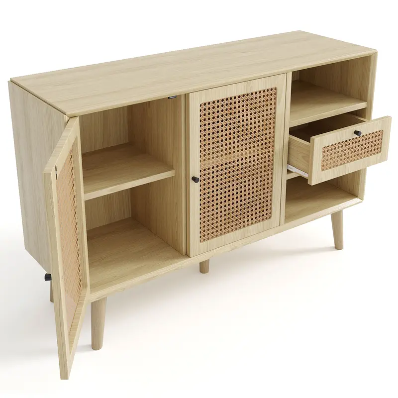 Modern simple sideboard 120*40*80cm, light-colored wooden woven door design, with drawers and unique legs, creating a warm and comfortable home atmosphere 8