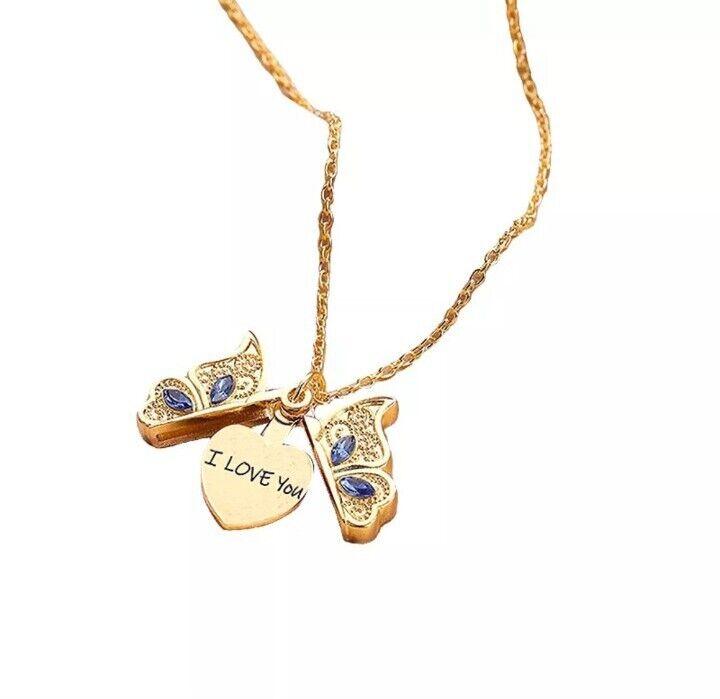 Crystal Fashion Women's Butterfly Pendant Necklace With I Love You Heart Shaped Engraved Locket Birthday Christmas Valentines Gift for Girlfriend Sister Mum Ladies 0