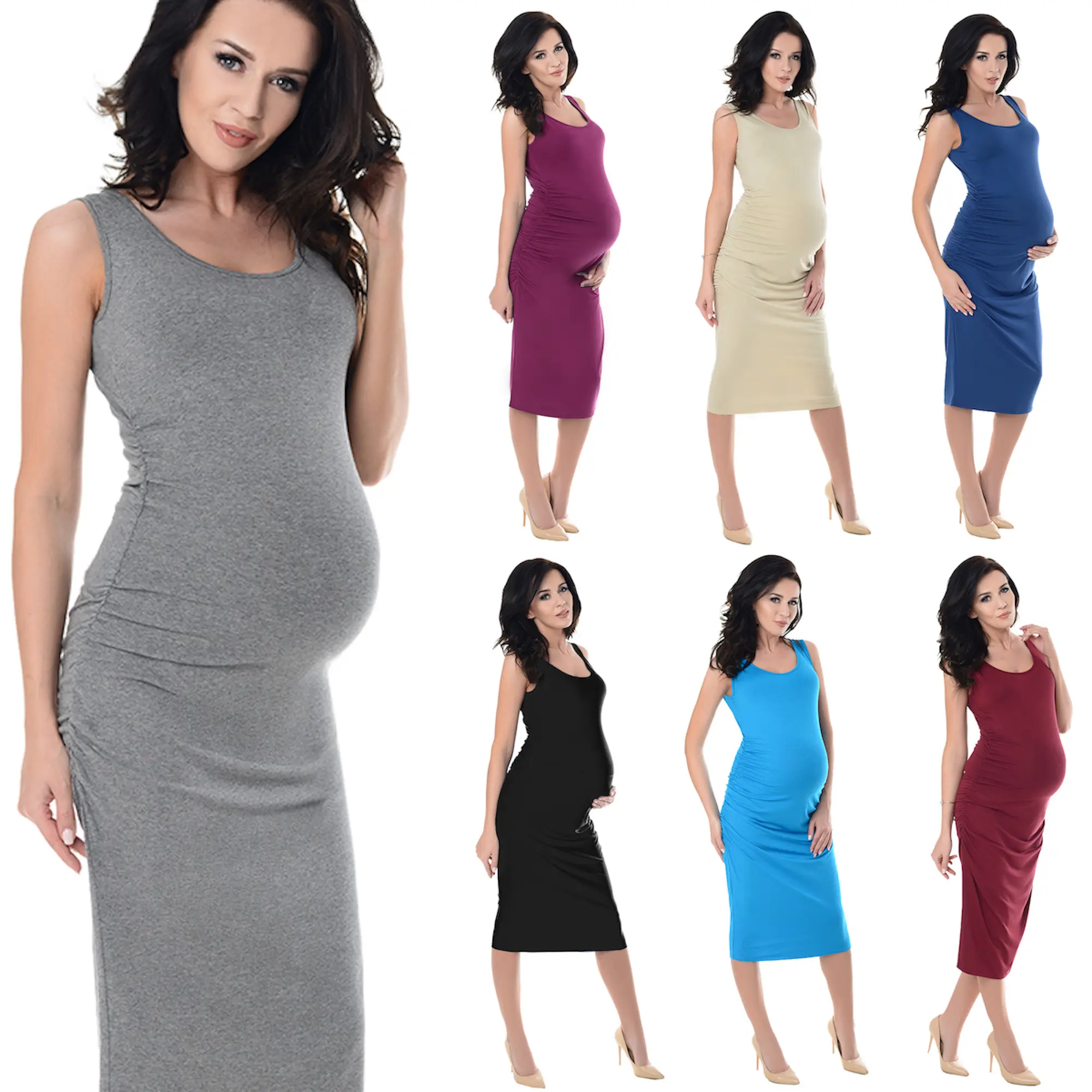 Sleeveless Jersey Ruched Pregnancy Maternity Midi Dress Dresses 8130