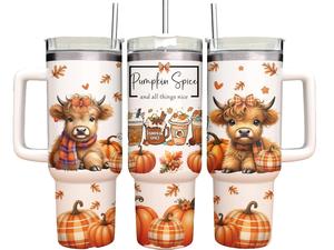 40oz Tumbler with straw- Pumpkin spice highland cow - Personalised gift for her vacuum flask drinking cup for hot and cold drinks
