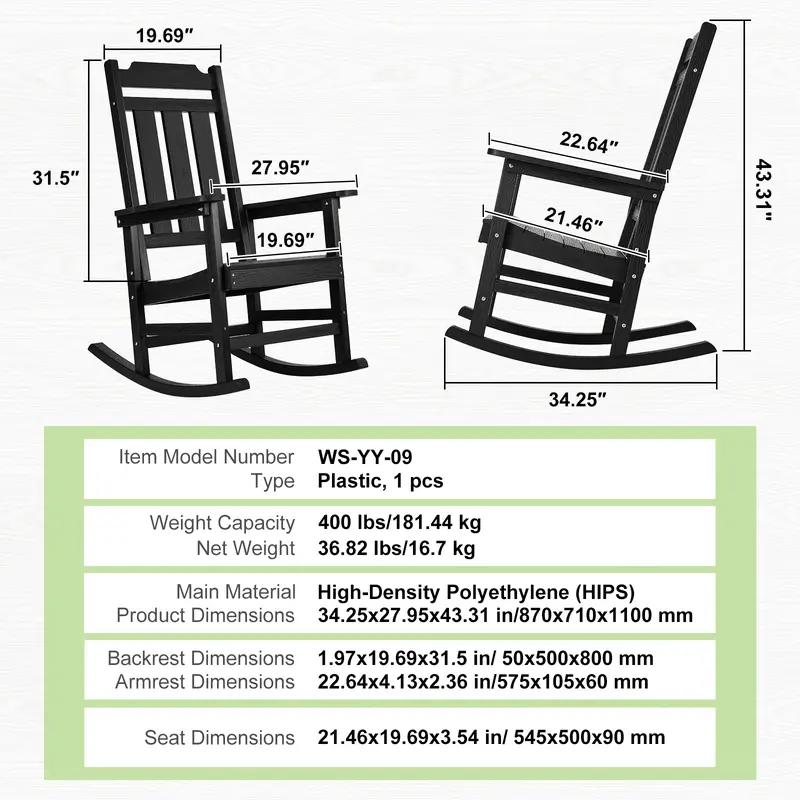 VEVOR Porch Rocker, HIPS Outdoor Rocking Chair, High Back Patio Rocking Chair with Smooth Armrests, Supports up to 400 lbs, for Garden, Balcony, Porch, Black 6