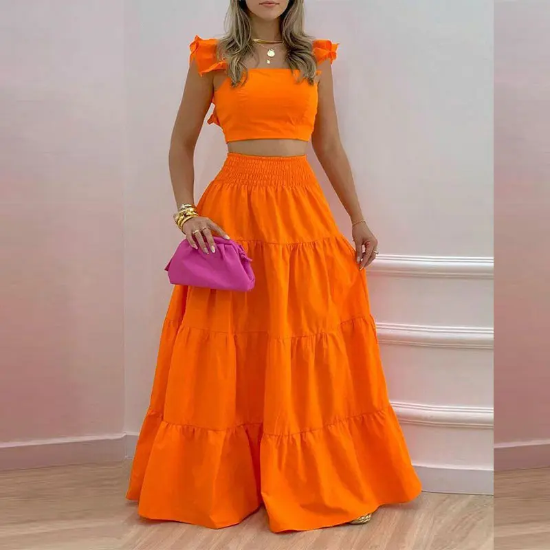 New Sexy Solid Two Suit Dress Women's Fashion Casual Loose Top Maxi Dress 2 Piece Set Female Elegant Holiday Sets 2024 Summer
