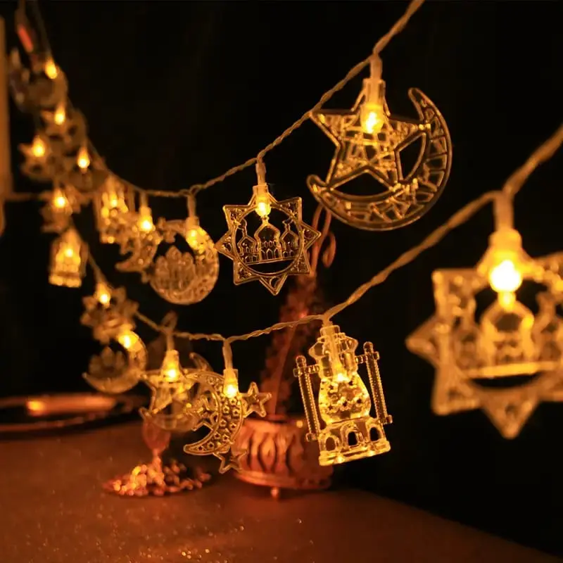 [Moon & Star] Ramadan String Lights  1pc, 2m  Moon & Star Crescent Design  Warm Golden Glow, Battery-Operated  Home & Living Room Decor  Eid Mubar