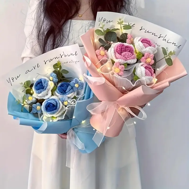 Artificial Flower Bouquet, 2 Counts/set Handcrafted Crochet Flower Bouquet with Inspirational Message Card, Ideal for Weddings & Home Decor,