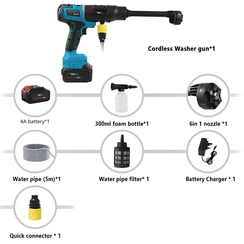 18V 2 In 1 Cordless High-pressure Cleaning Gun With Electric Drill Attachment, Two-in-one Cleaning And Drilling Function, 6-in-1 Nozzle, 5m Water Pipe, Multi-functional Water Gun For Indoor Cleaning, Yard Cleaning, Cars Cleaning And Polishing Etc. 1