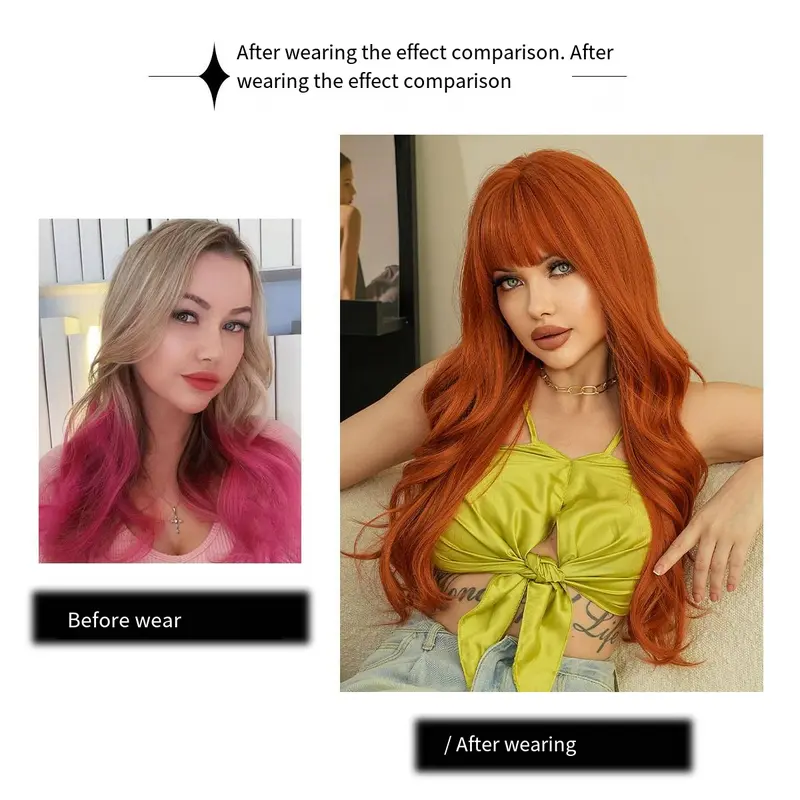 Orange Synthetic Wig Fashion Women Natural Air Bangs Big Waves Long Curly Hair Daily Party Use Full Head Cover 3