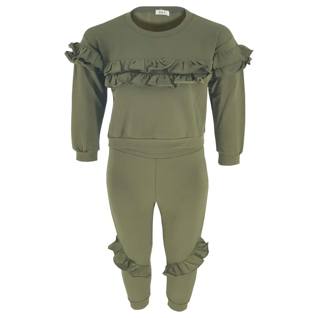 Girl Comfortable Front Frill Top and Bottom Dark Green Various Size