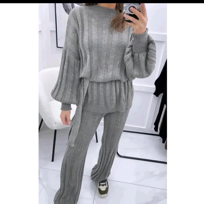 Women's High Neck Knitted 2PC Loungewear Set with Balloon Sleeves and Belt - Nightwear, Womenswear 1