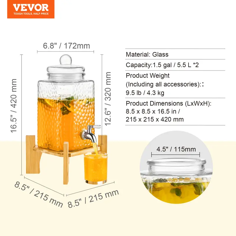 VEVOR Beverage Dispenser, 1.5 Gallon Drink Dispensers for Parties,2PC,Glass Juice Dispenser with Stand, Stainless Steel Spigot, Iced Tea Lemonade Juice Water Dispenser, for Restaurants, Hotels, Partie Drinkware Jugs 6