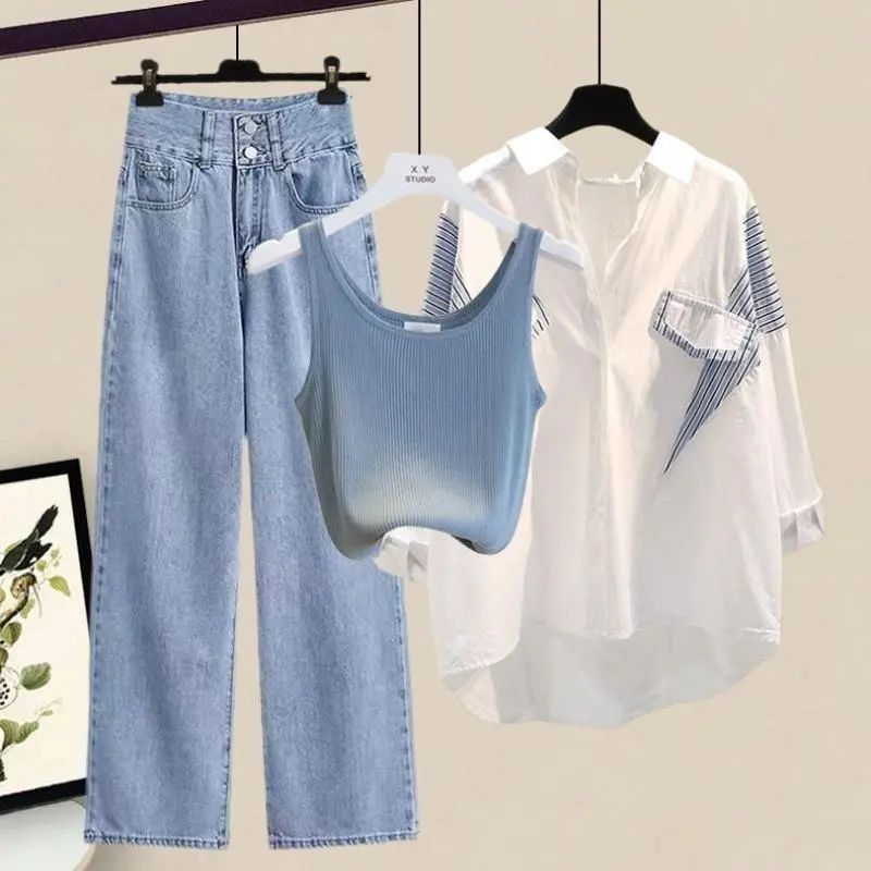 2024 Women's Autumn New Striped Long Sleeve Shirt+Knit Vest+Jeans 3-Piece Suit Korean Elegant Cardigan Denim Pants Matching Set 0