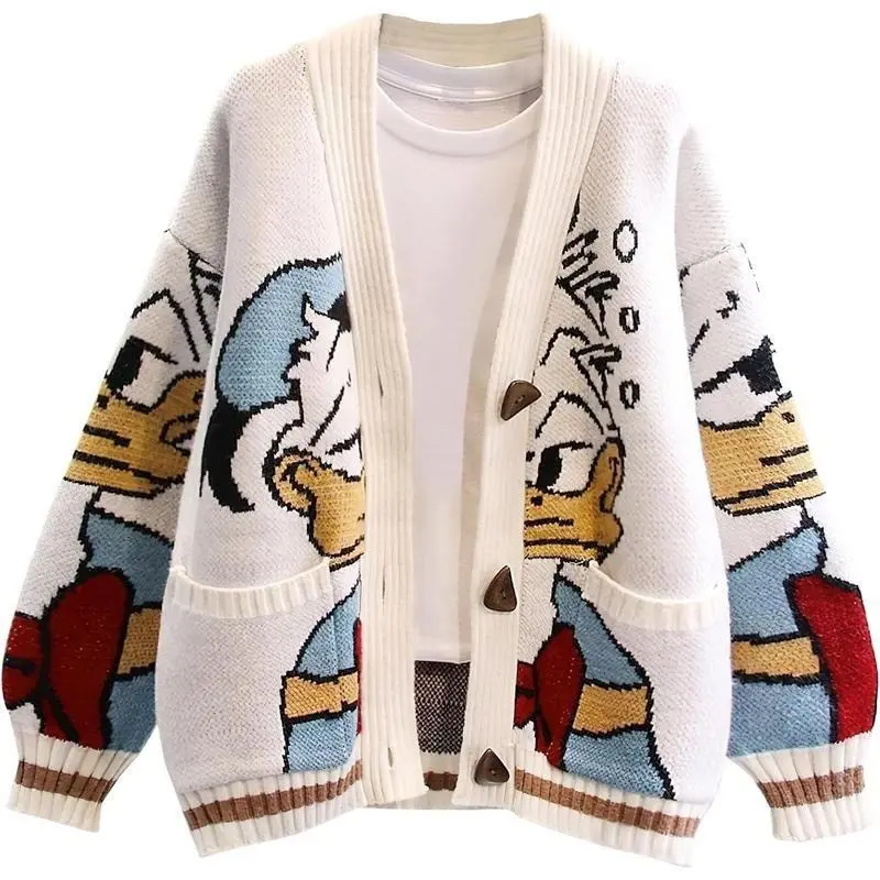 Womens Cute Embroidery Cartoon Duck Cable Knit Cardigans Sweater Button Down Slouchy Wool Blend Coat 7