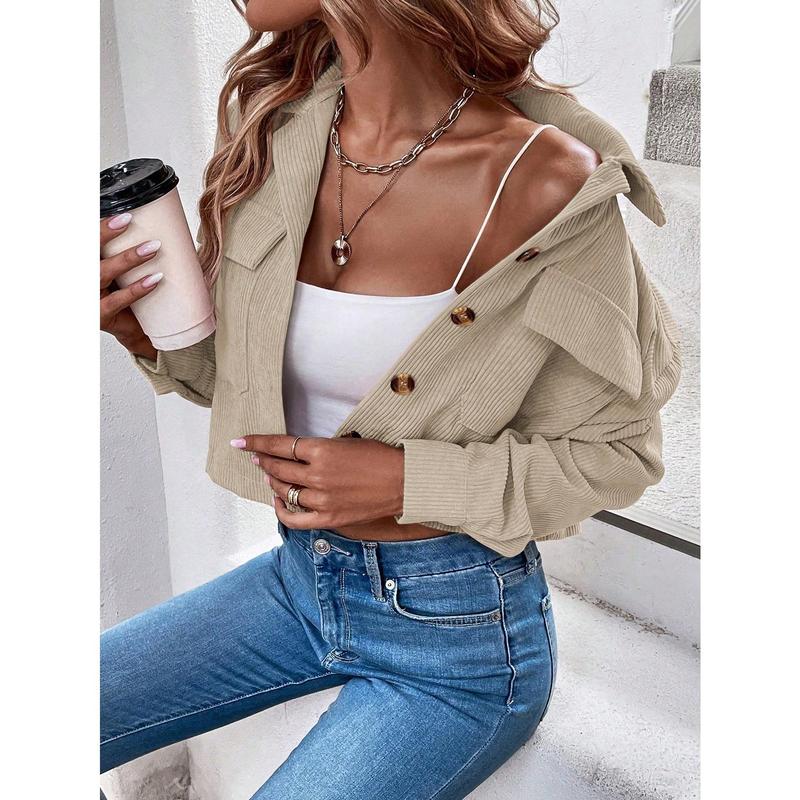 Franclia Flap Pocket Drop Shoulder Crop Corduroy Jacket Fit Long Sleeve 3