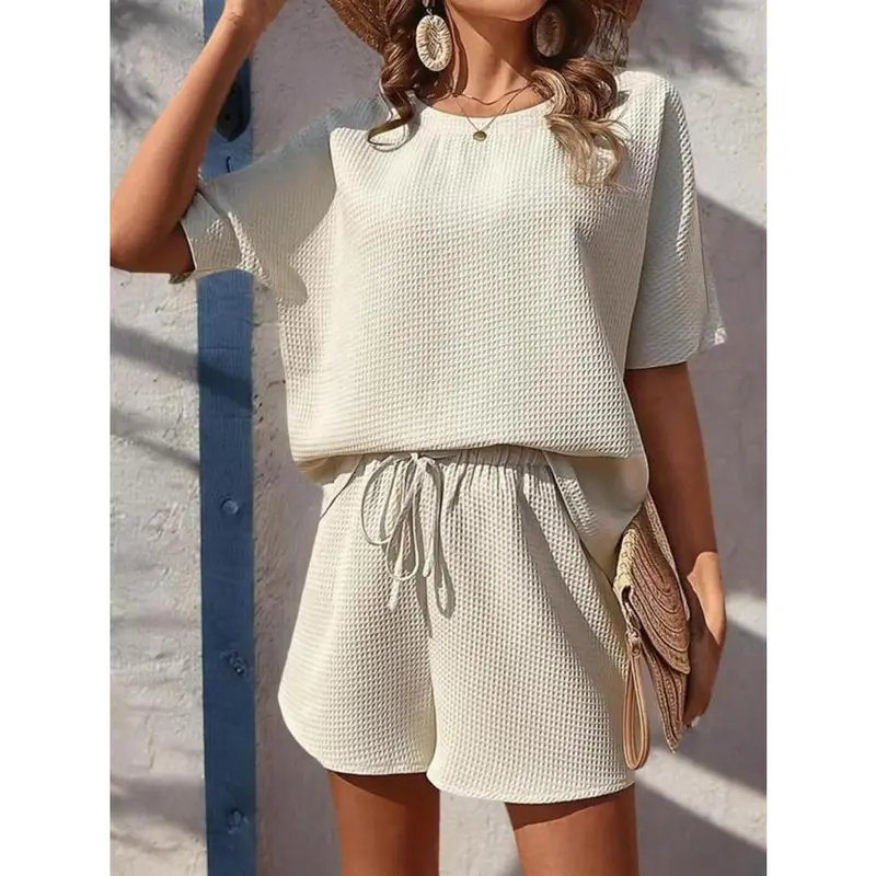 Two-piece Set Women's Plain Waffle Round Neck Oversized T Shirt & Shorts Set, Classy Two Piece Sets, Casual Batwing Sleeve Tops That Hide Stomach & Drawstring Waist Shorts, Two Piece Set, Two Piece Set Women Clothes Womenswear 0