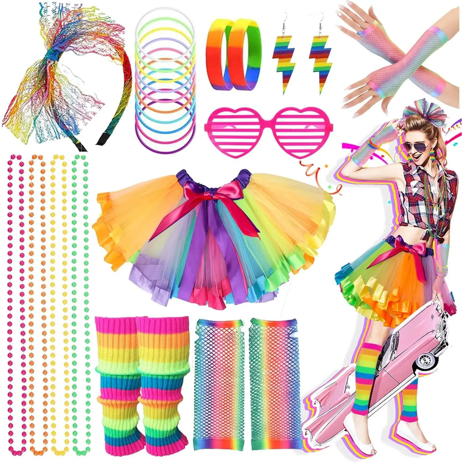 Ronilp 80s Fancy Dress for women,1980s Fancy Party Costume Accessories Set, Tutu Skirt Leg Warmers Necklace Bracelets Fishnet Gloves 80s Lace Bow Headband Tape Earrings Sunglasses Womenswear Clothing
