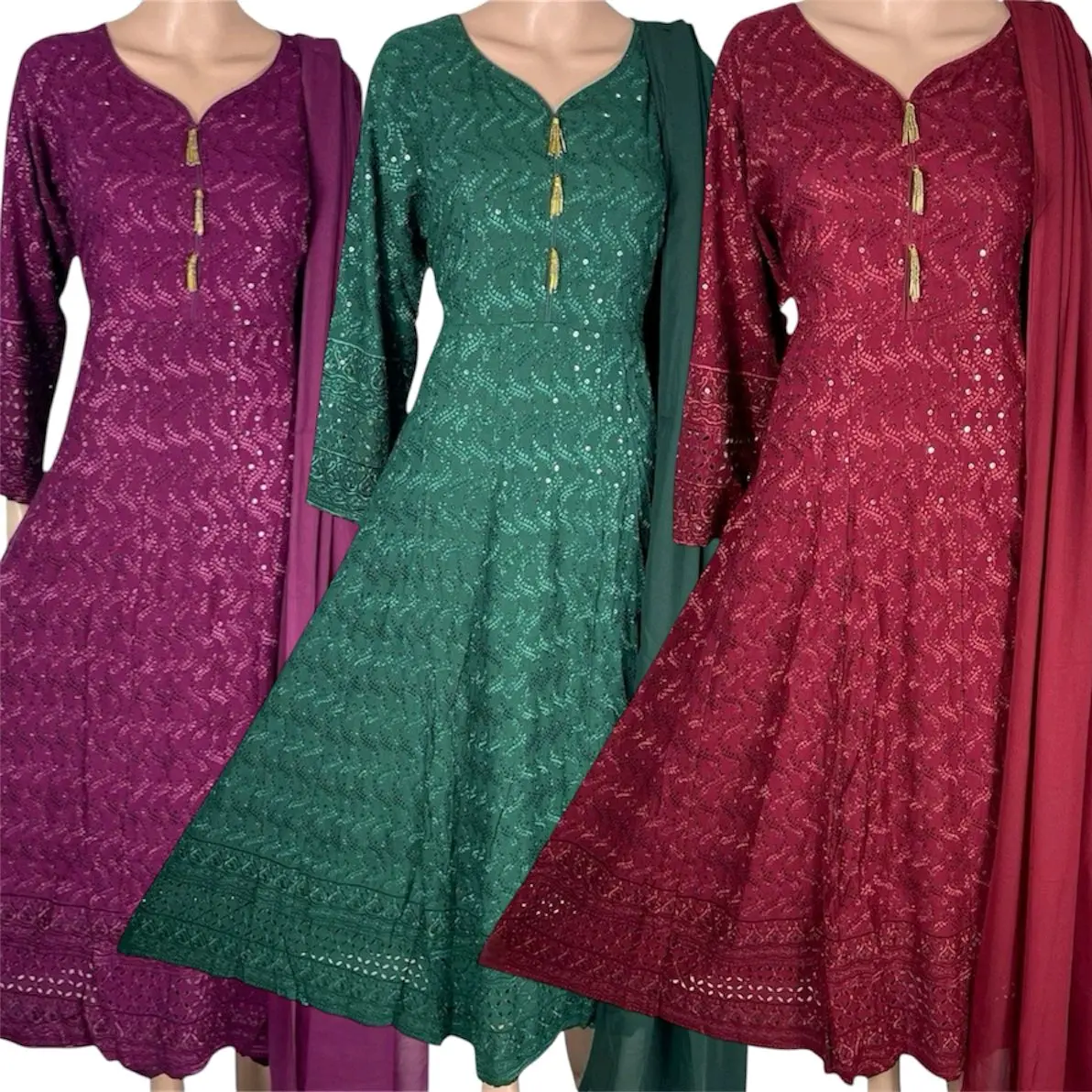 Stunning Sequins Embroidery 3-Piece Readymade Long Dress for Women - Formal Comfort - Womenswear Elegant Outfit Rayon Fabric