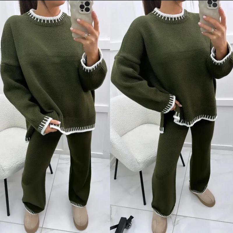 Women Knitted Stiched Wide Leg Co-ord Suit Loungewear Set 2