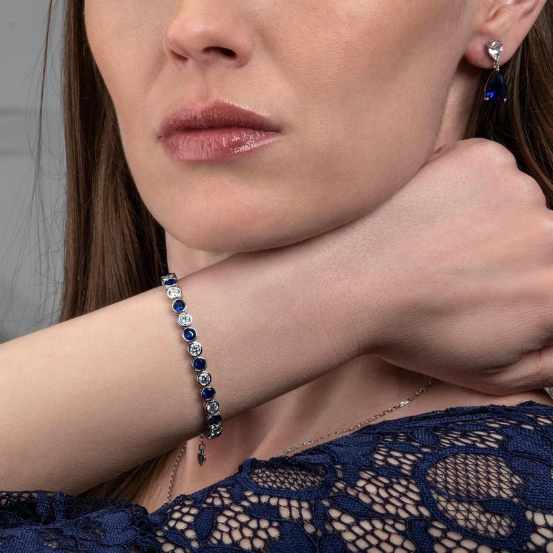 925 Sterling Silver Tennis Bracelet with Bezel Set Blue & White Cubic Zirconia 1