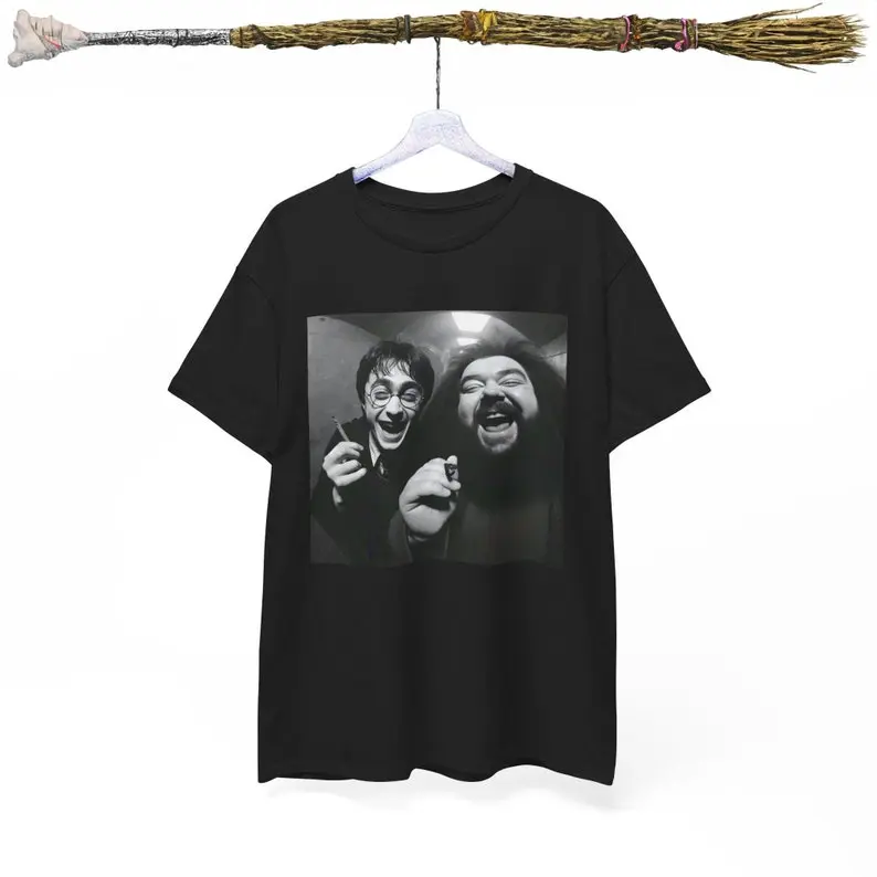 Funny Shirt, Harry And Hagrid Selfie T shirt, Potter Cctv Meme Tshirt, Black And White Wizard Tee Cotton Menswear Top Streetwear