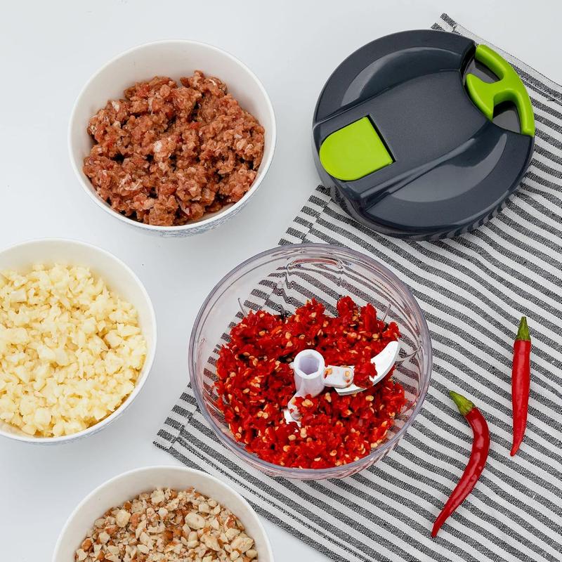 Multi-Function Manual Food Chopper & Processors with Handle and Cover, Vegetable Chopper Shredder, Garlic Chopper, Suitable for Onions Garlic Peppers Carrots Fruits,Wonderful for Kitchen(Green) Lid Stainless Steel Utensils Blade Detachable Meat 7