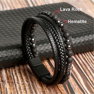 Men's Multi-layer Braided Pu Leather Bracelet with Magnetic Hematite & Nature Stone Beads, 2025 Trendy Jewelry for Party, Daily Decor,Trendy All-match & Exquisite Jewel for Him Birthday Valentine's Day Gift, Fashion Accessories,Health Bracelet