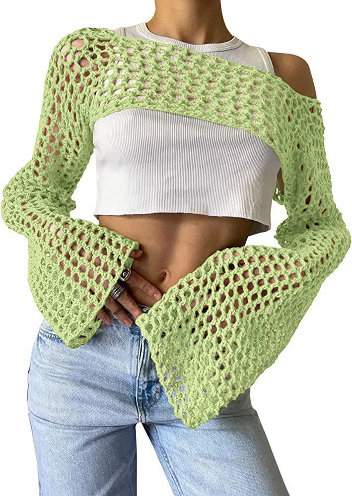 Product Introduction of Women Big Fishnet Long Sleeve Cropped Sweaters Summer Fashion Lady O-Neck Flare Sleeve Hollow Out Short Knitted Pullovers Knitwear Womenswear 13