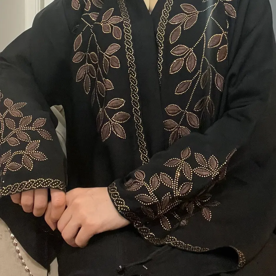 Beautiful black colour embroidered, open jacket, style Arabic Abaya.