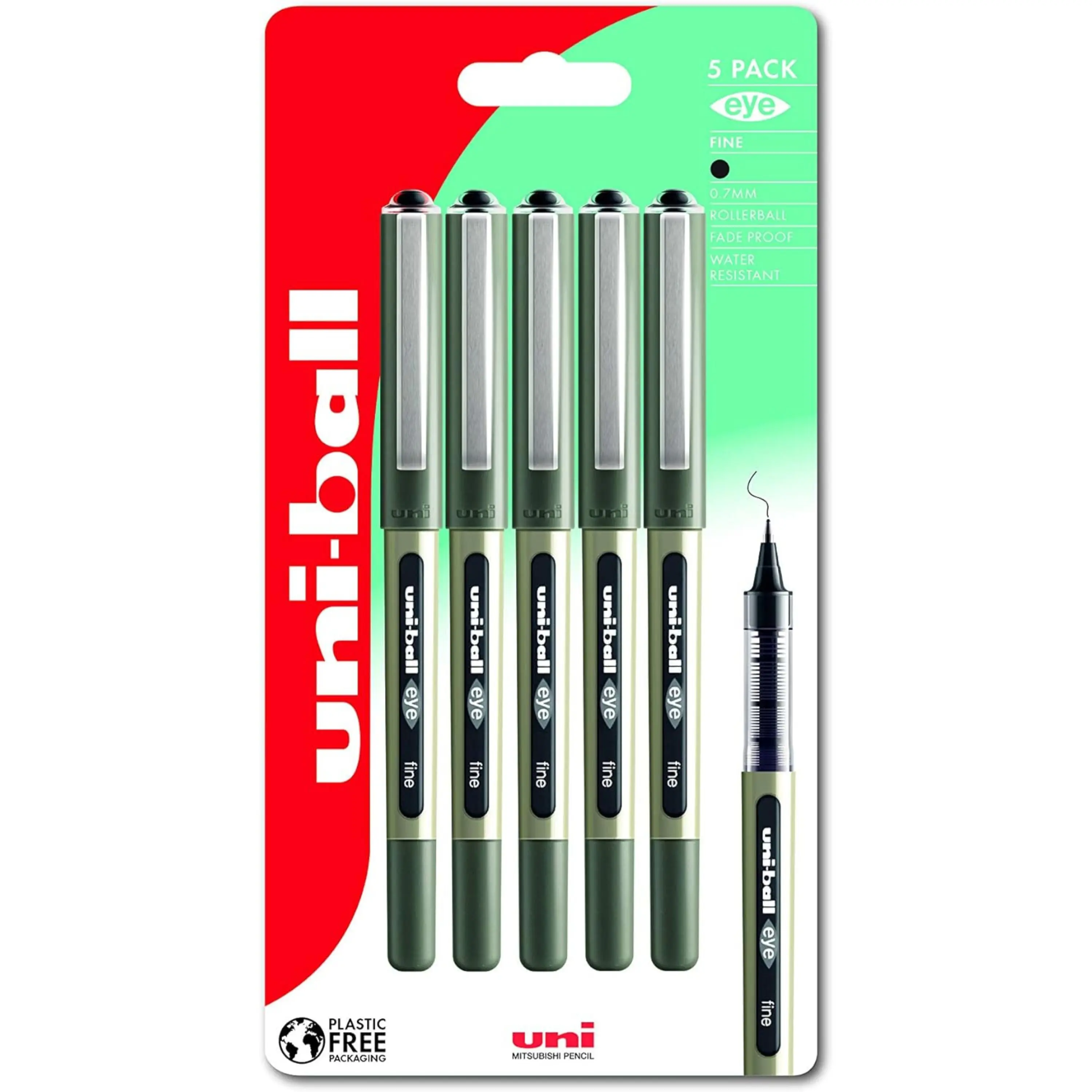 UB-157 Eye Black Rollerball Pens. Premium Fine 0.7mm Ballpoint Tip for Super Smooth Handwriting, Drawing, Art, Crafts and Colouring. Fade and Water Resistant Liquid Uni Super Ink. Pack of 5