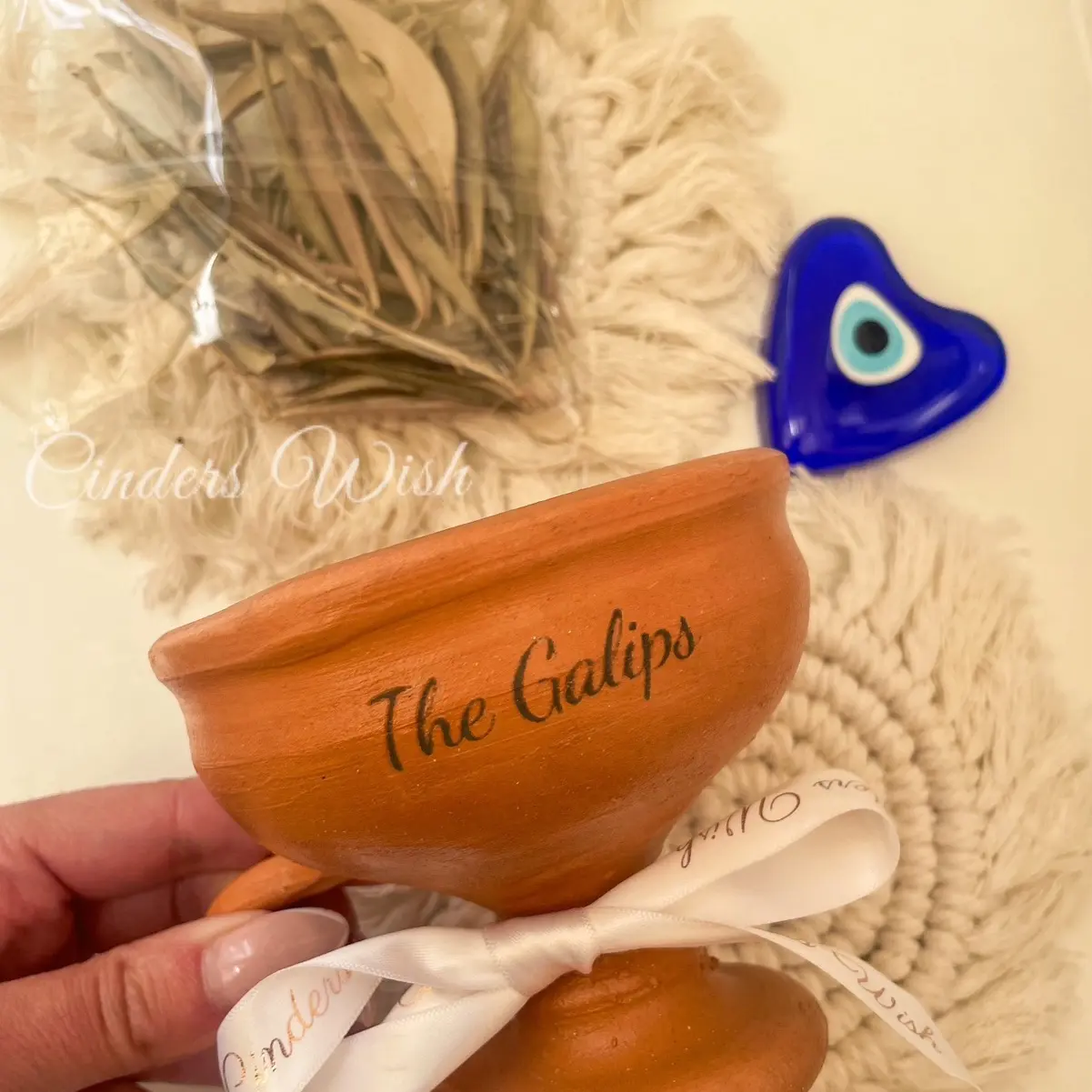 Cinders Wish Energy Personalised cleansing pot with olive leaves and ribbon / Evil eye cleansing clay pot / Home and family good vibes pot Turkish