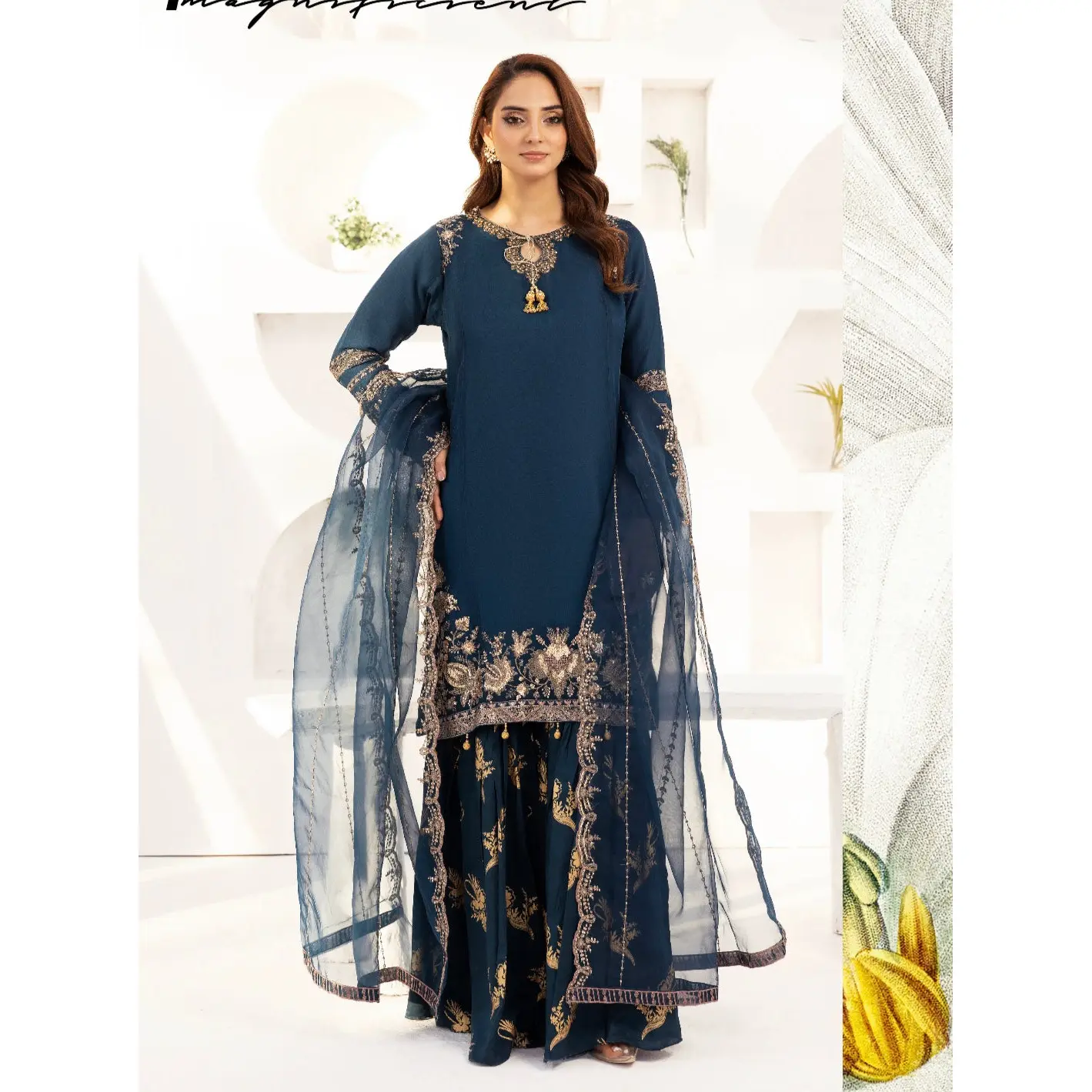 SIMRANS ‘Eliza’ | Embroidered Chiffon Shararah Readymade | SM744 (Teal)