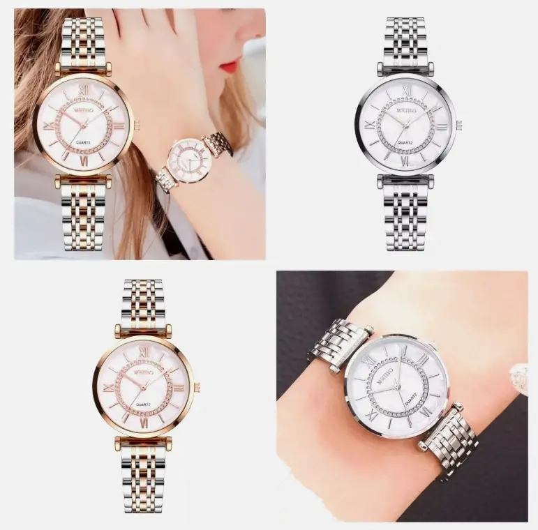 Ladies Silver Bracelet Watches Wrist Watch Quartz Analogue Rose Gold White Face - Fashion Accessory