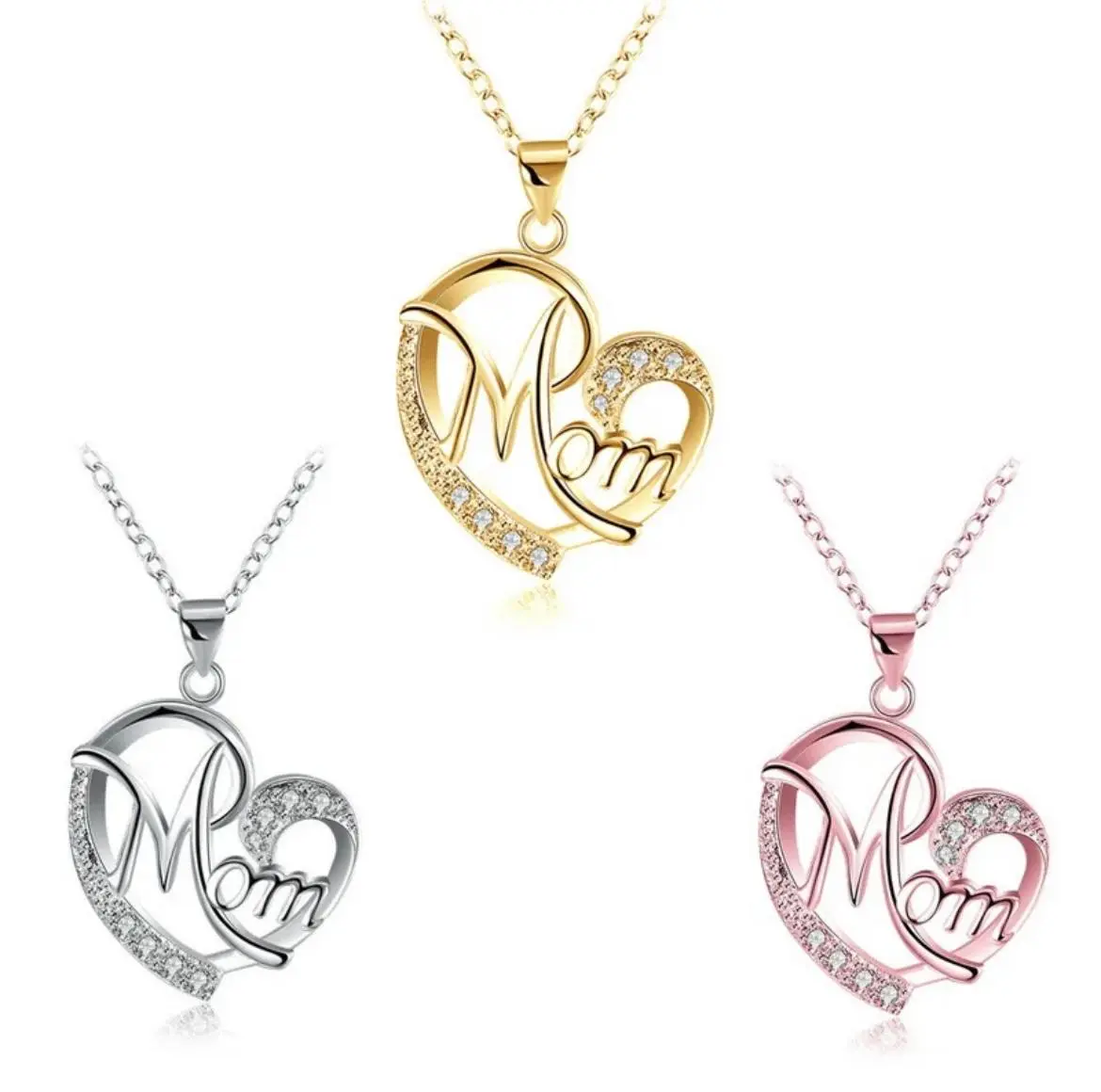 Mom mum mother Love diamond Pendant Necklace Women Versatile Jewellery girt for mothers day In Gold Silver and Rose Gold