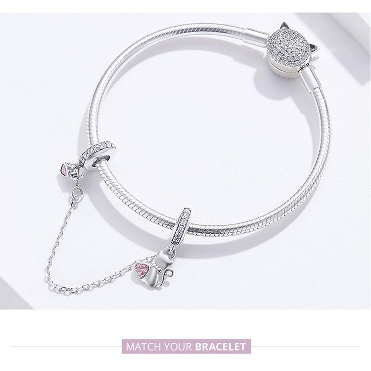 Genuine 925 Sterling Silver I Love My Cat Safety Chain Charm Bead With Cubic Zirconia Compatible With Pandora Bracelets 1