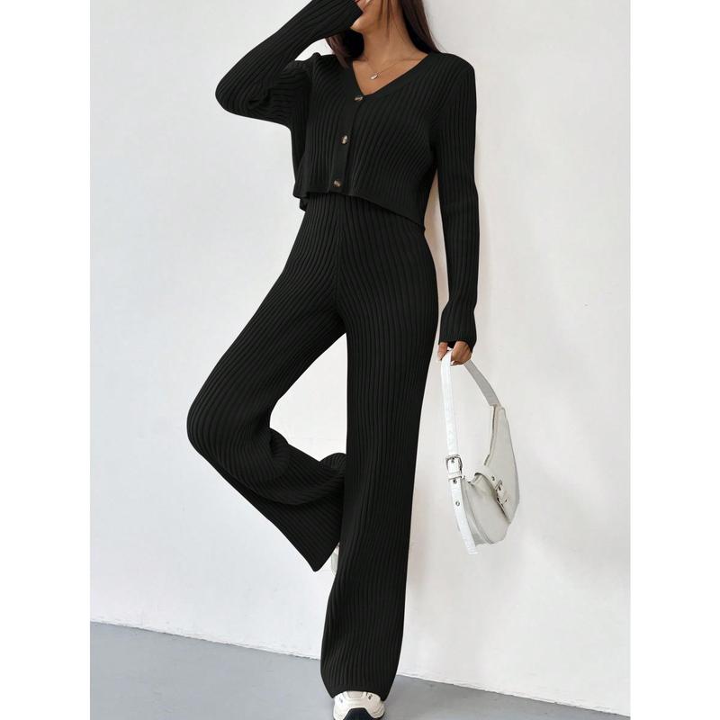 EZwear Autumn And Winter 2pcs/Set Women V-Neck Button Decor Contrast Color Long Sleeve Top And Knitted Long Pants Sweater Suit Clothes Fit Womenswear Comfort Fabric Gamis Trouser Casual Black 4