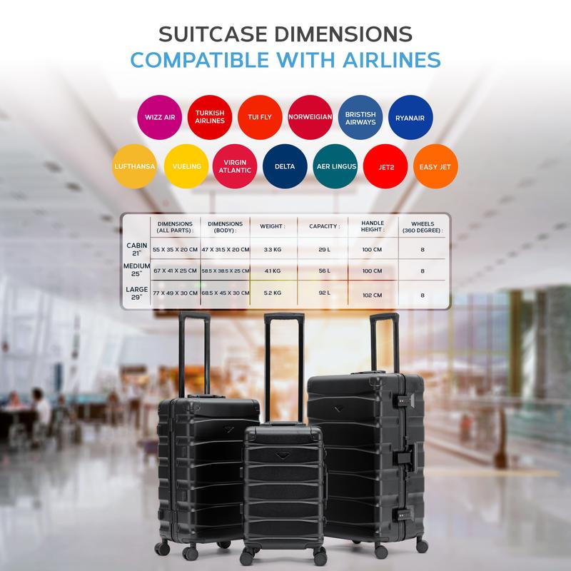 Flight Knight Hard Shell  Aluminium Frame, ABS Outer Check in Carry On Suitcases - SAFIR - Black Mono 2