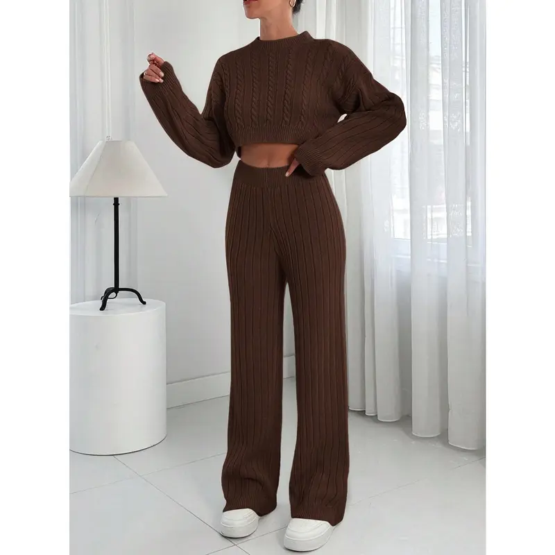 2pcs Women Solid Color Stand Collar Long Sleeve Sweater Top And Long Pants Casual Knitwear Set Clothing Fit Womenswear Suits Fabric Comfort Basic Minimalist 2