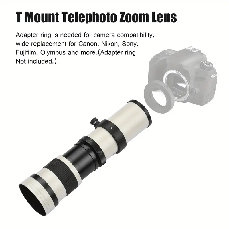 TOMSHOO MF Super Telephoto Zoom Lens F/8.3-16, 420-800mm, T Mount, 1/4" Thread - Compatible with Canon, Nikon, Sony, Fuji Olympus Cameras - Includes Front and Rear Caps, Carrying Pouch, Night Sky Imaging|Sleek Cylindrical Lens|Durable Construction 4