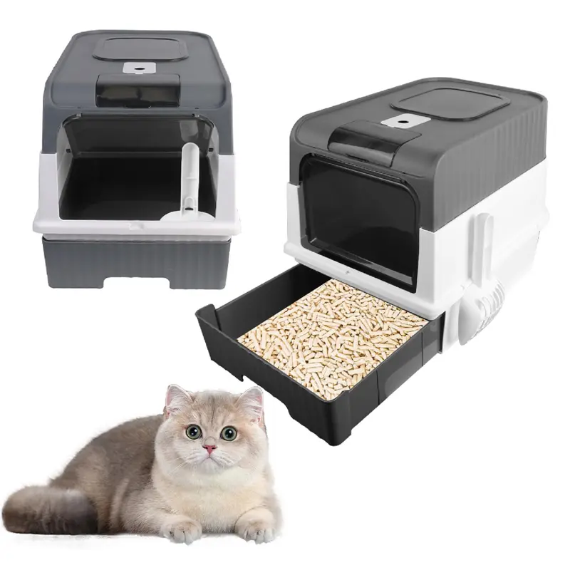 Large Cat Litter Box Anti-Splashing Cat Potty Tray Self Cleaning Pan Drawer - Grey 1