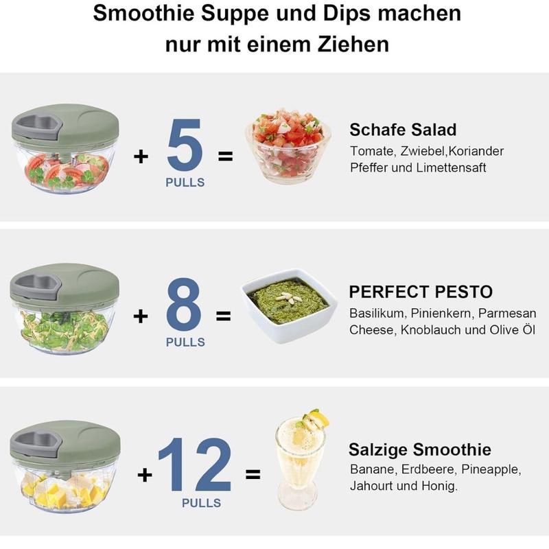 Hand Chopper Manual Food Processor, Pull String to Slice Vegetables,Onions, Tomato, Meat in Seconds, 3