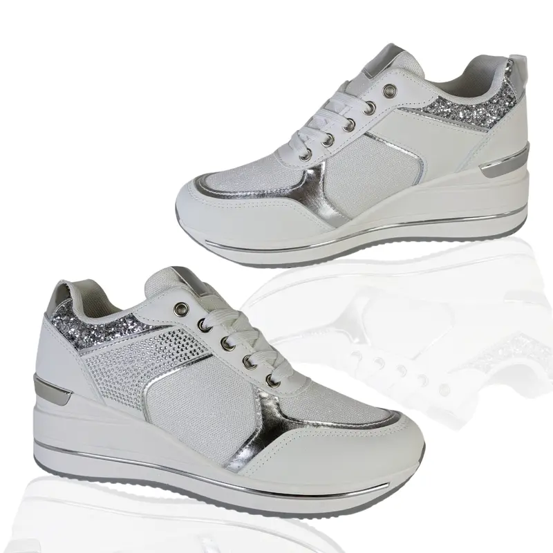 WOMENS LADIES GIRLS FOOTWEAR HIDDEN HEELS DIAMANTEE CONTRAST METALLIC TRAINERS SHOES CASUAL OUTDOOR STYLISH HIDDEN WEDGE LACE UP GYM SHINY TRENDY SHOE IN GOLD GYM SHOES WORKOUT JOGGING ACTIVEWEAR SIZES 3-8 Runner Training Sports Shoes Athletic 4