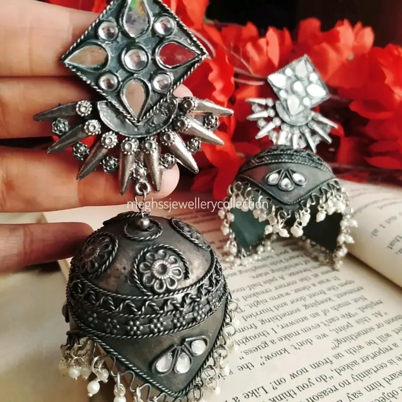Traditional Indian Jewellery - Oxidised Jumka Earrings (501) 1