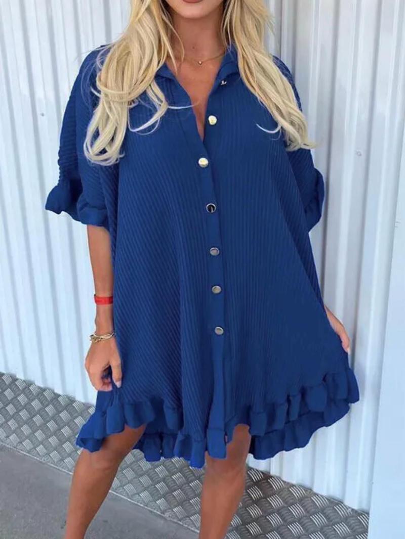 Product Introduction of Women’s Ladies Gold Button Pleated Frill Summer Shirt Swing Mini Dress Viral TikTok Top Casual Fabric 13