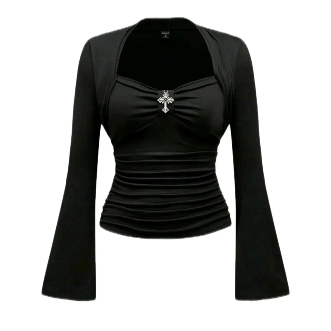 Goth Vintage Gothic Cross Pendant Solid Color Stretchy Long Sleeve T-Shirt for Women - Top - Womenswear