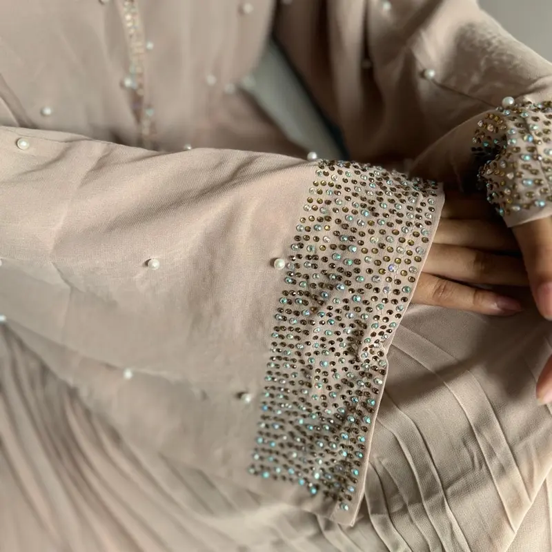 Sahar Gemstone and Pearl Pleated Abaya, Size 50-62, Modest Fashion, Women’s Islamic Clothing, Chiffon Abaya 4
