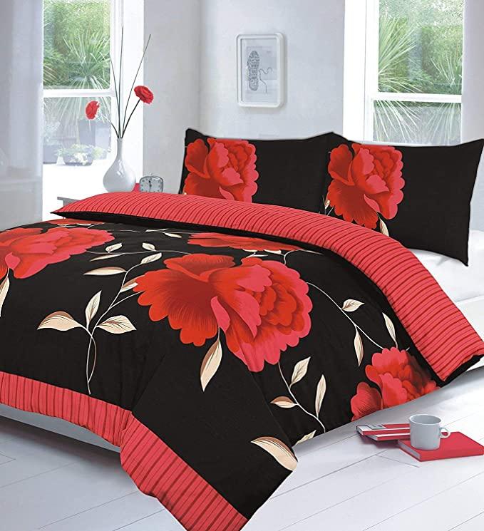 Rosaleen Floral Duvet Cover Sets with Pillowcases Flowery Pattern, Black Yellow Red Teal Fuchsia Chocolate Lilac Duvet Set - Single Double King Super King Bed Sizes IK 4