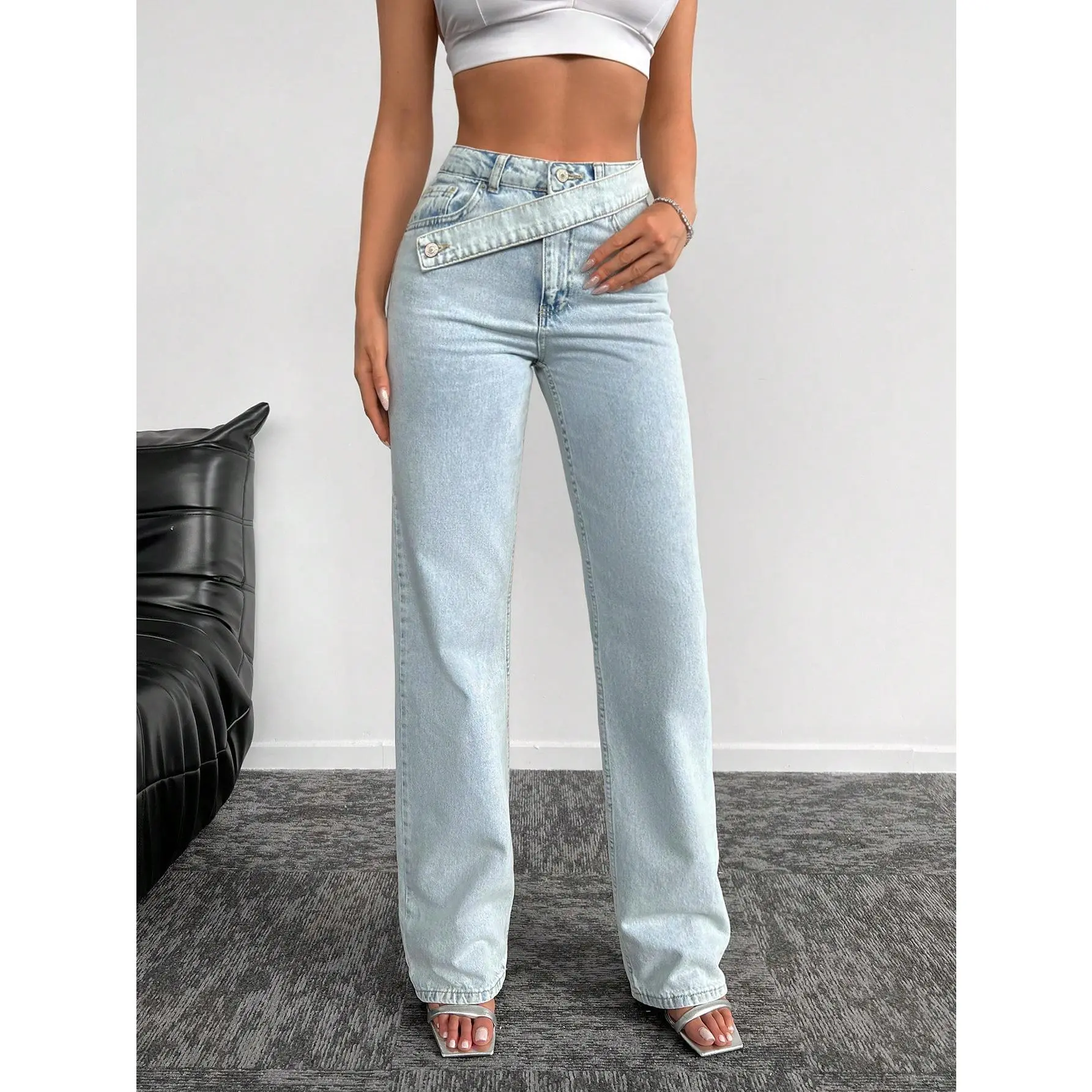 Women's BottomsAsymmetrical Waist Straight Leg Jeans[S20] jeans women Cotton Fit Womenswear Denim Bottom Trouser Pants Streetwear Fabric Comfort outfits miss